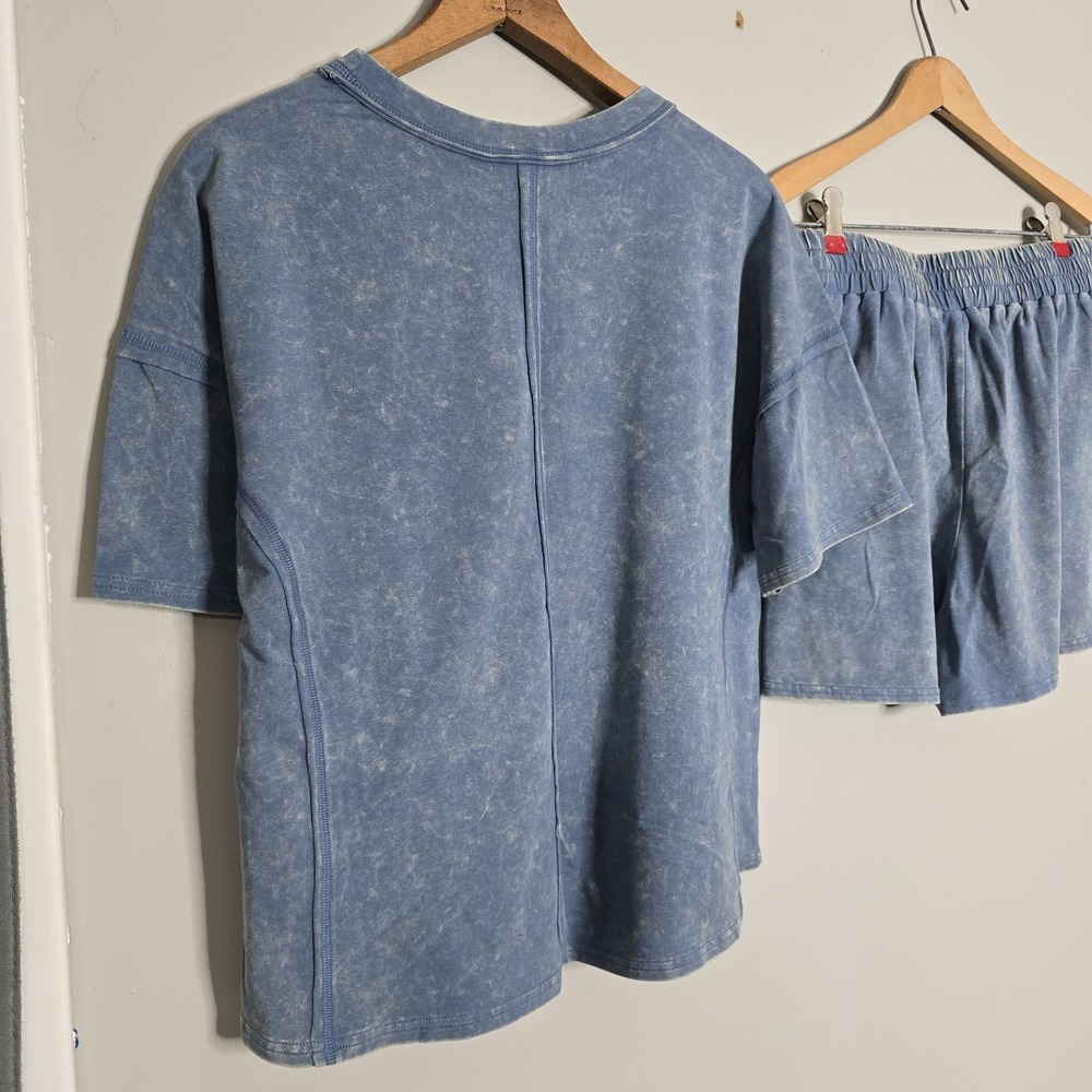 Zenana Oversized Top & Shorts Set Dusty Blue Acid Washed Cotton Women's Outfit S - Picture 13 of 15